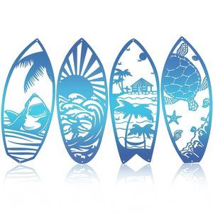 4pcs Metal Surf Board Wall Decor Summer Surfboard Beach Signs Shark Palm Tree🥸